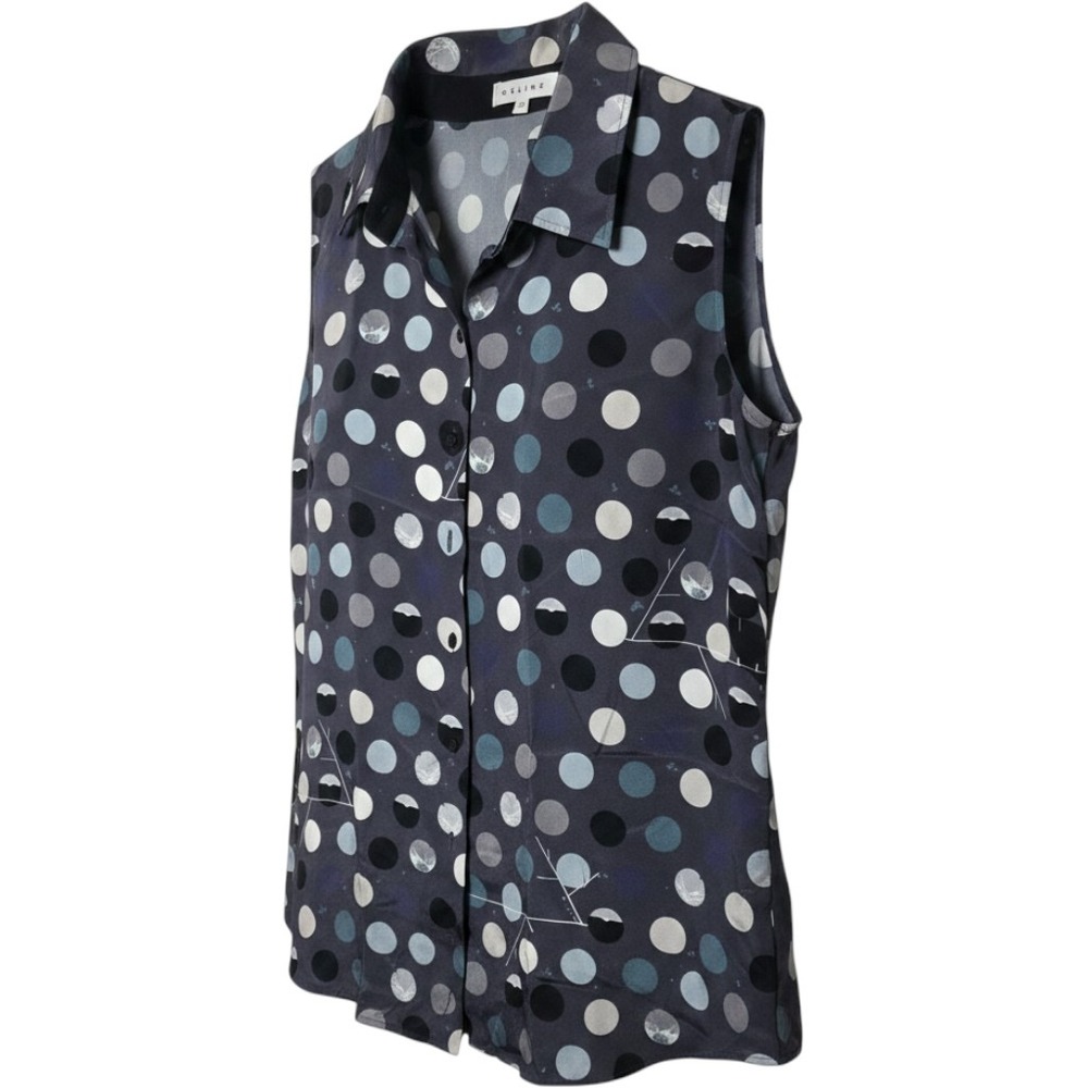 Celine Grey Silk Polka Dot Bird Print Sleeveless Button Down Shirt Size 40